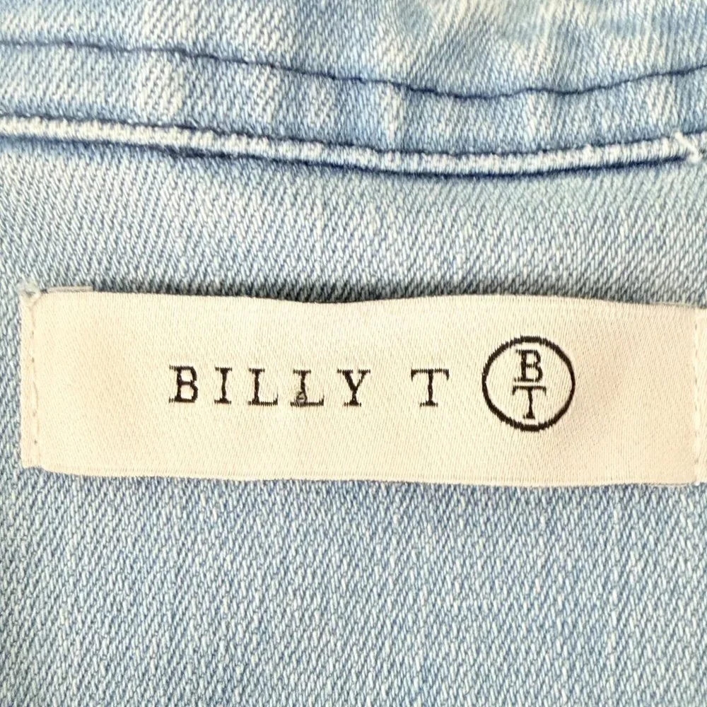 Billy T Womens Light Wash Short Sleeve Denim Button-Down Shirt With Frayed Hem - Picture 5 of 6
